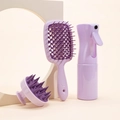 Purple 3-piece hair care set with spray bottle, vent brush and scalp massager - 3-Piece Set (Vented Brush + Scalp Massager + Spray Bottle) / Purple