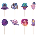 Detailed set of 8 cartoon outer space themed cake toppers featuring astronauts and rockets - Cupcake Toppers (Set of 8)