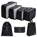 7-piece black travel organizer set with mesh panels for clothes and shoes storage - 7-Piece Set / Black