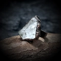 Close-up of raw natural crystal stone set in vintage textured bronze adjustable ring - White Crystal - Unpolished