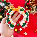 Macro detail of handmade crochet Christmas wreath collar with colorful pom poms for pets - M / Red Christmas Tree Bib
