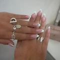 Pink almond press-on nails with light blue French tips and silver rings set - Bz1507 Beautiful Mountains And Rivers / Jelly Glue + Nail File
