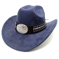 Close-up of blue suede cowboy hat featuring silver studs and a large crystal buckle - M (56-58cm) / Navy Blue