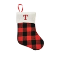 Red and black buffalo plaid Christmas stocking with white faux fur cuff and red letter T - Letter T