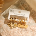 Detailed set of six gold stainless steel hoop earrings with celestial and floral charms - Star Moon Life Tree Style (43999)