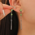 Green crystal teardrop drop earrings with black metal finish and long geometric dangle links - Green Gemstone Geometric Long Style (S405) / Gun Black Green