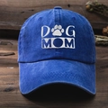Close-up of white DOG MOM embroidery and paw print on washed blue cotton baseball cap - One Size / Royal Blue