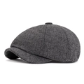 Dark grey herringbone newsboy cap for men featuring adjustable tweed fabric and retro style - One Size Adjustable / Gray
