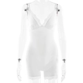 Sleek white lace trim V-neck bodysuit for women displayed on a transparent mannequin - S / White