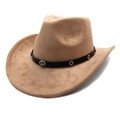 Klassischer hellbrauner Wildleder-Cowboyhut mit Nieten-Lederband auf weißem Hintergrund - M (56-58cm) / Khaki