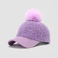 Detail of purple sherpa baseball cap for kids with large fluffy pompom on top - 54cm (3-8 Years) / Fur Ball Style / Purple