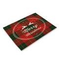 Christmas red plaid cotton linen placemat with reindeer design and Merry Christmas text - Red Green Plaid Reindeer Circle