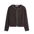 Women's dark brown knit cardigan with elegant grey braided trim and long sleeves - S / Coffee
