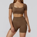 Seamless yoga set with square neck crop top and high waist shorts in coffee brown - S / Short Sleeve + Shorts / Cocoa Brown