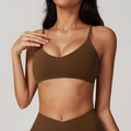 Sustainable yoga set in dark coffee featuring slim strap bra and crossover waist leggings - S / Light Coffee