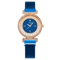 Fashion women's rose gold quartz watch with blue Milanese mesh band and crystal bezel - Blue