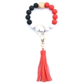 Colorful silicone bead bracelet keychain with red leather tassel and wooden bead detail - Style 34 (Red Black Marble Tassel)