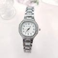 Macro detail of silver square watch dial with rhinestones and steel bracelet band - Silver