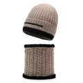 Winter knit set with ribbed brown beanie and cable knit neck warmer in tan and black - One Size / Khaki