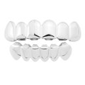 Detailed view of polished silver hip hop grillz set for upper and lower teeth - 12-Piece Set / Top 6 Bottom 6 Silver Set