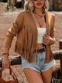 Brown faux suede fringed jacket with metallic stud details and long sleeves in boho style - S / Dark Brown