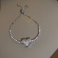 Adjustable silver heart charm bracelet with sparkling zircon and cat eye stone details - Silver Zirconia Heart