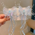 Set of two light blue butterfly hair clips with ribbons and long beaded tassels for girls - D156-2# Jiangpan Blue Clips