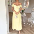 Elegant yellow off-the-shoulder short-sleeved A-line maxi dress for women's summer style - S / Light Yellow