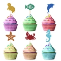 Glitter ocean animal cupcake toppers including turtle, dolphin and seahorse set of six - Ocean Theme Topper Set