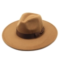 Detail of camel wool fedora hat featuring wide brim and dark brown satin ribbon decoration - M / Light Coffee