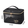 Black mesh makeup bag with gold zippers and Smiling Girl print in 21x12x13cm size - Square Bag Style