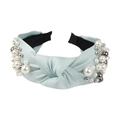 Light blue knotted satin headband with white pearls and silver metal beads for women - Light Blue