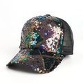 Detail of colorful sequin geometric patterns and breathable black mesh on baseball cap - Adjustable / Black Cyan