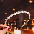 Detail shot of elegant faux pearl headband featuring 12cm diameter and comfort tips - S186-12 Layered Interlaced White Pearls