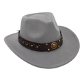 Detail of grey felt cowboy hat with brown leather band and vintage metal buckle decoration - One Size / Light Gray