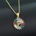 Golden necklace featuring a sunburst pendant with letter P and colorful zircon stones - Gold Plated Rainbow Zirconia Letter P