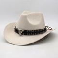 Beige faux suede western cowboy hat with ethnic braided band and metal bull head ornament - One Size 56-60cm / Beige (Colorful Bull)