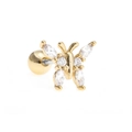 Detail of gold butterfly ear stud with marquise cubic zirconia and ball back screw - White/Gold/Large
