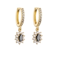 Macro view of gold hoop earrings with black starburst pendants and white zircon details - Black And White