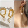 Golden double hoop bead earrings with elegant white pearl drops on a model - 25# Double Layer Bead Pearl