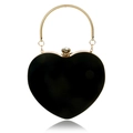 Elegante borsa da sera a forma di cuore in camoscio nero con manico rotondo dorato e strass - Nero