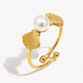 Anello retrò francese placcato oro 18K con perla e design a conchiglia regolabile - Anello Aperto Conchiglia e Perla / Oro