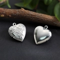 Silver-finished stainless steel heart locket pendant with rose engraving and matte surface - Rose Heart Locket 19.5*23mm / Hand Polishing