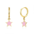 Detailed close-up of golden hoop earrings featuring pink star-shaped charms with S925 pins - LN0908-6 Pink Enamel Star Pendant Earrings