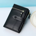 Dames korte zwarte portemonnee met rits muntzakje en drukknoop, compact minimalistisch. - Zwart