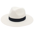 Close-up of Panama straw hat featuring breathable weave and black grosgrain ribbon - One Size / White