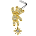 Gouden beer neusring met zirkonia steentjes en een hangende ster op witte achtergrond - Gouden Teddybeer Ster Neussteker (#6)