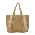 Large khaki straw woven tote bag with side fringe details and reinforced flat shoulder straps - Oversized / Khaki