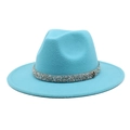 Detail of sky blue wool fedora featuring a sparkling rhinestone band and metal M logo - M (56-58cm) / Lake Blue