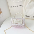 Pink tweed kids handbag with pearl bow, lace trim and gold chain strap for girls - Cherry Pink